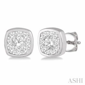 Structured Accent Dainty Touch 1/3 Ctw Cushion Shape Round Cut Diamond Lovebright Bezel Stud Earring in 14K White Gold