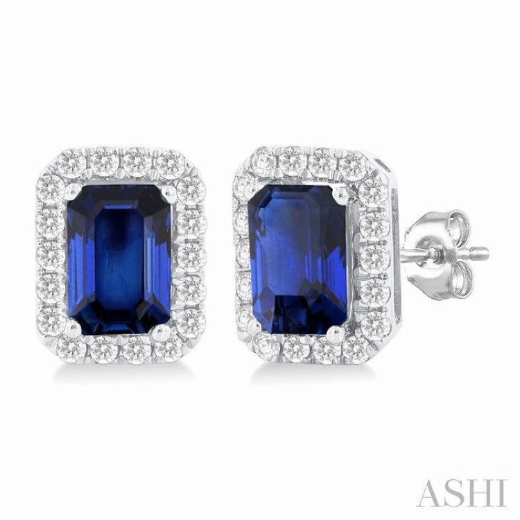 6x4 MM Octagonal Shape Sapphire and 1/4 Ctw Round Cut Diamond Halo Precious Stud Earrings in 14K White Gold Timeless Form Stylish charm