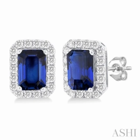 6x4 MM Octagonal Shape Sapphire and 1/4 Ctw Round Cut Diamond Halo Precious Stud Earrings in 14K White Gold Timeless Form Stylish charm