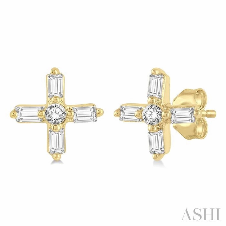 1/10 Ctw Greek Cross Baguette and Round Cut Diamond Petite Earring in 10K Yellow Gold Exclusive Sparkle Versatile Style