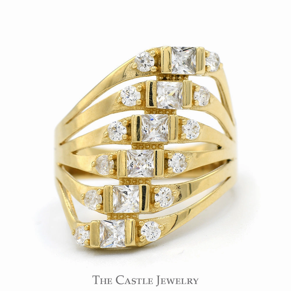 Multi Row Round & Square Cut Cubic Zirconia Ring in 14k Yellow Gold Matte Look
