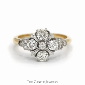 Old European Cut Diamond Flower Cluster Ring in 10k Yellow Gold City Logo Unique Memento