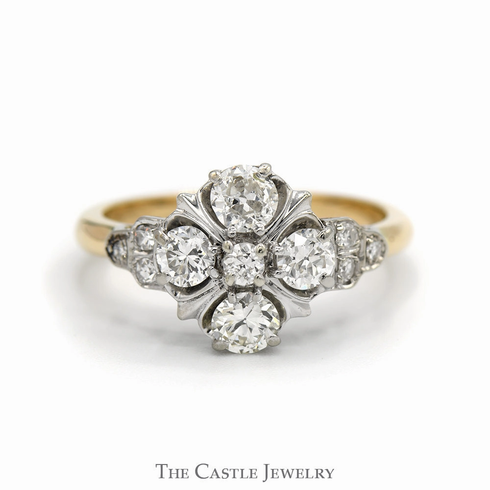 Old European Cut Diamond Flower Cluster Ring in 10k Yellow Gold City Logo Unique Memento