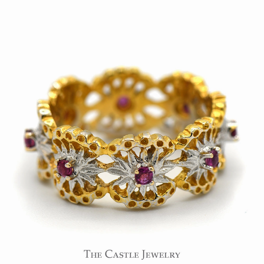 High-End Statement Mass market Open Floral Designed Ruby Eternity Band in Two Tone 14k White & Yellow Gold