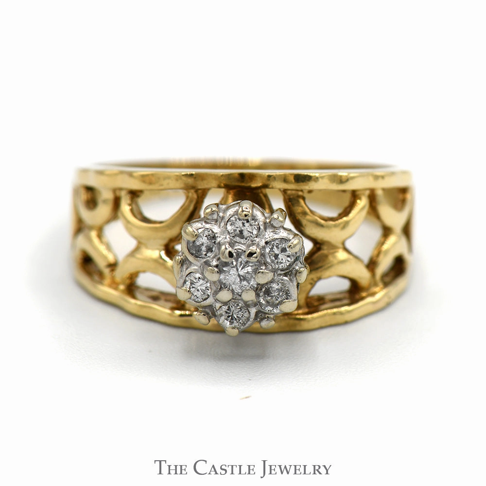 7 Diamond Flower Cluster Ring with Open Lattice Sides in 10k Yellow Gold Natural Style International Design