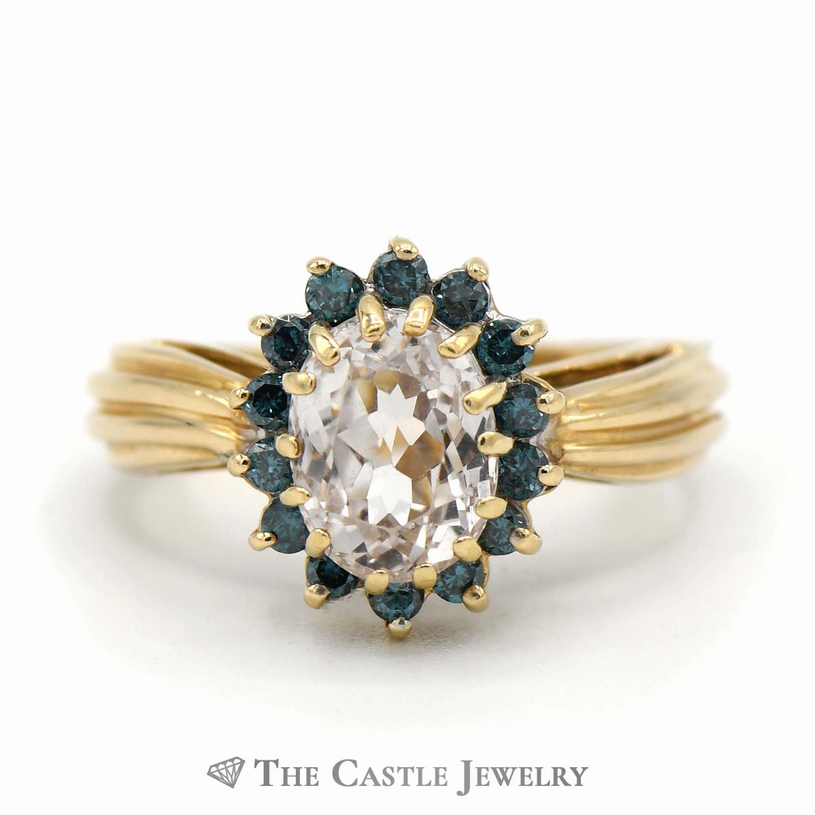 Oval Kunzite Ring with Blue Diamond Halo in 14K Yellow Gold Strong Symbol Economical Jewelry