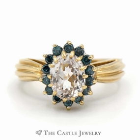 Oval Kunzite Ring with Blue Diamond Halo in 14K Yellow Gold Strong Symbol Economical Jewelry