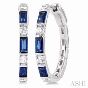 4X2 MM Baguette Cut Sapphire and 1/3 Ctw Art Deco Round Cut Diamond Precious Hoop Earring in 14K White Gold Glow Up