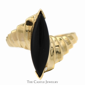 Superior Expression Marquise Shaped Black Onyx Ring with Ridged Bypass Sides in 10k Yellow Gold