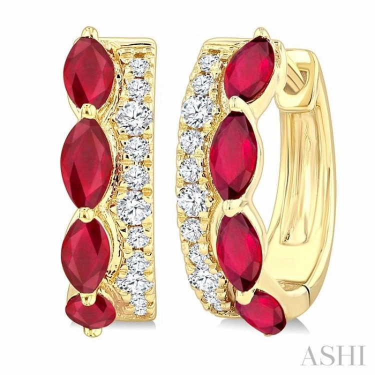 Statement Form 4X2 MM Marquise Shape Ruby and 1/6 Ctw Round Cut Diamond Precious Hoop Earrings in 10K Yellow Gold