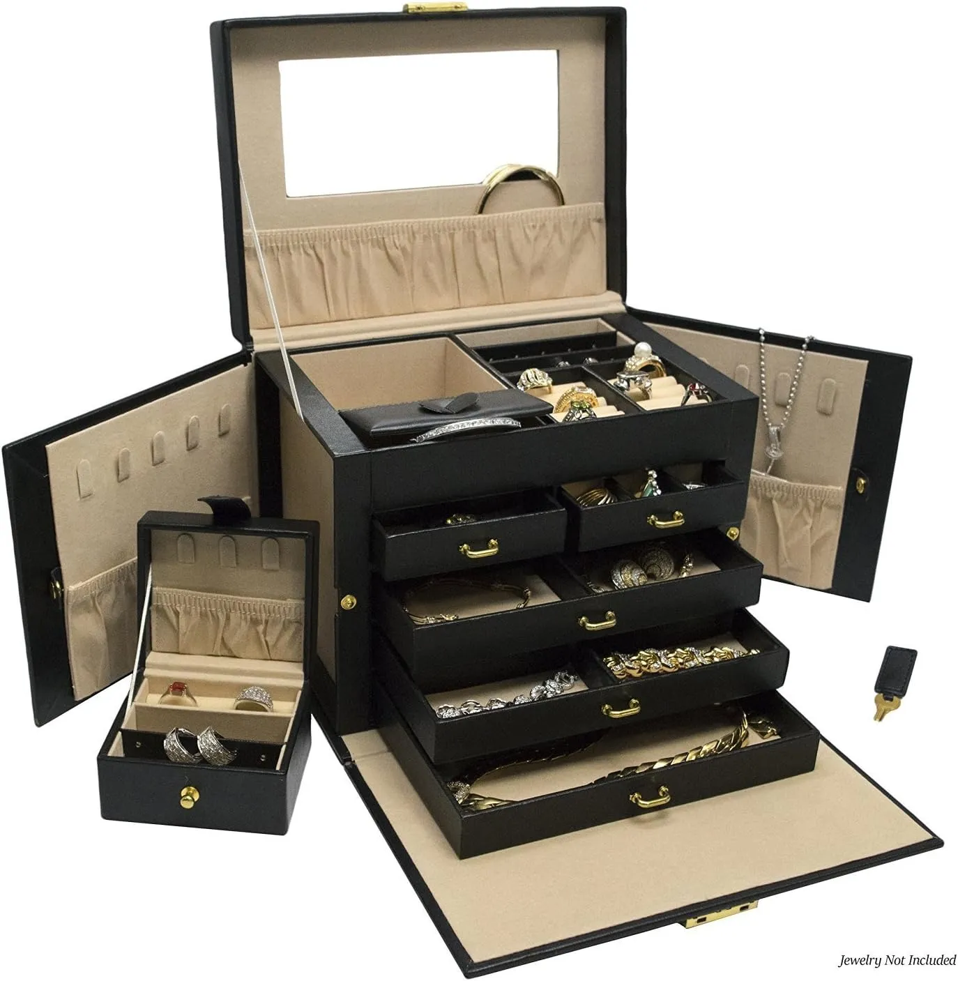 Luxurious Black Leather Jewelry Travel Box and Case with Lock