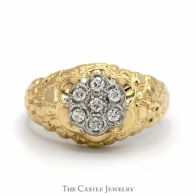 Round 7 Diamond Cluster Ring in 14k Yellow Gold Nugget Style Mounting Unique Adornment