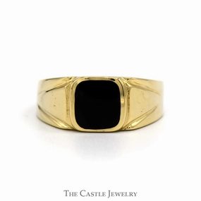 Square Black Onyx Men's Ring with Polished Grooved Sides in 14k Yellow Gold Minimal Flow