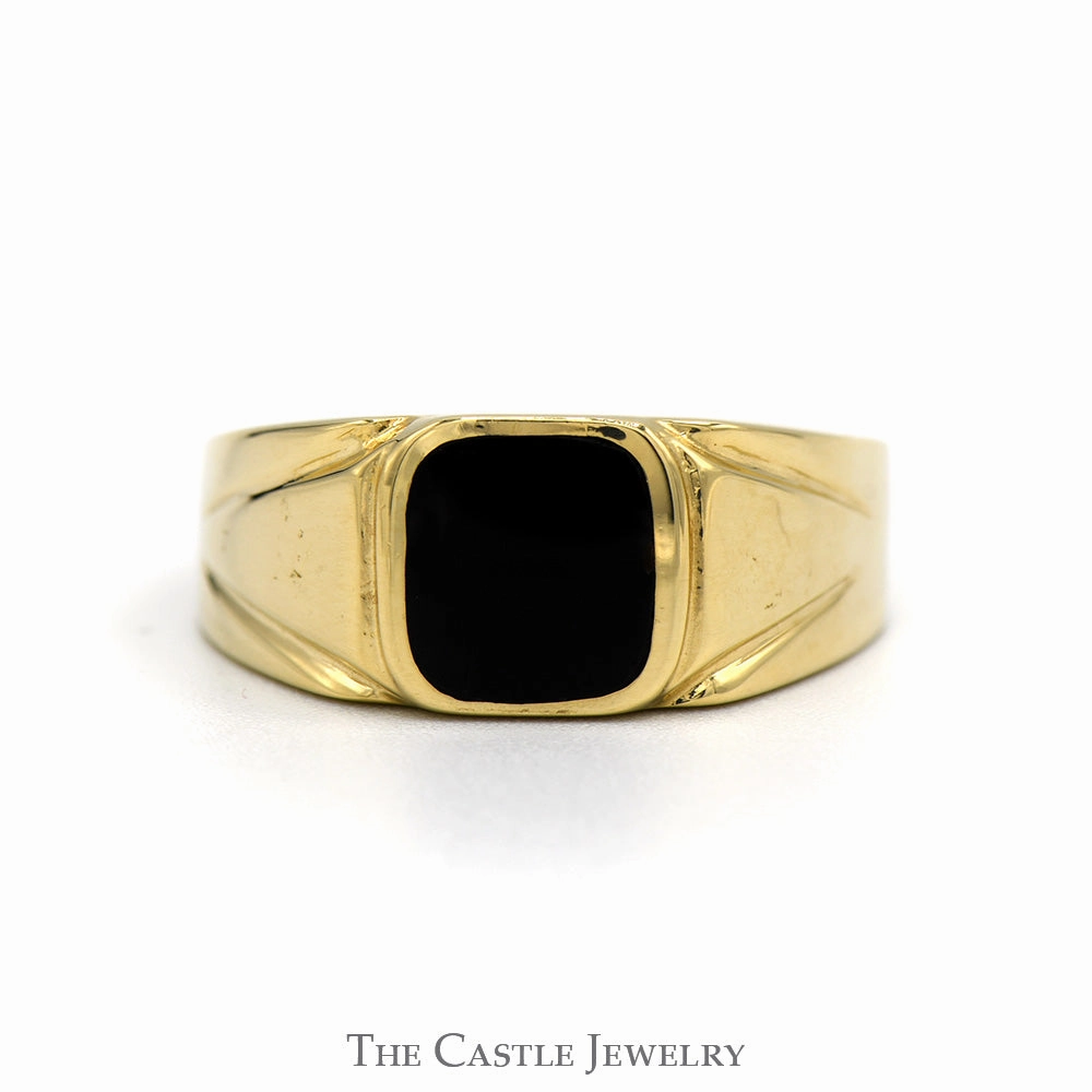 Square Black Onyx Men's Ring with Polished Grooved Sides in 14k Yellow Gold Minimal Flow