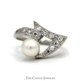 Curved Open Freeform Pearl Ring with Diamond Accents in 14k White Gold Formal Elegance Budget Embellishment