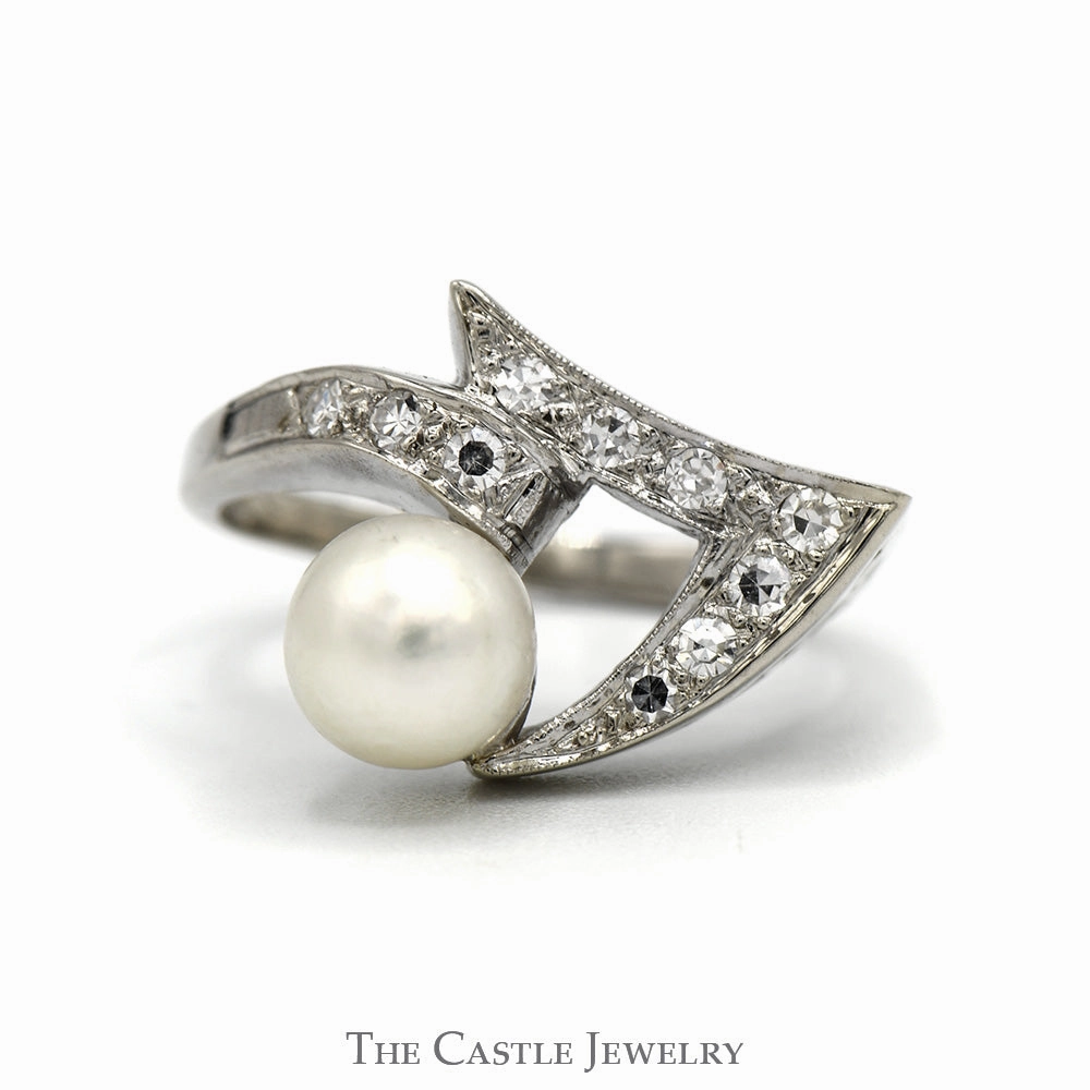 Curved Open Freeform Pearl Ring with Diamond Accents in 14k White Gold Formal Elegance Budget Embellishment