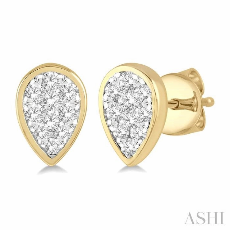1/2 Ctw Pear Shape Lovebright Round Cut Diamond Bezel Stud Earring in 14K Yellow and White Gold Trendy Appeal Statement Form