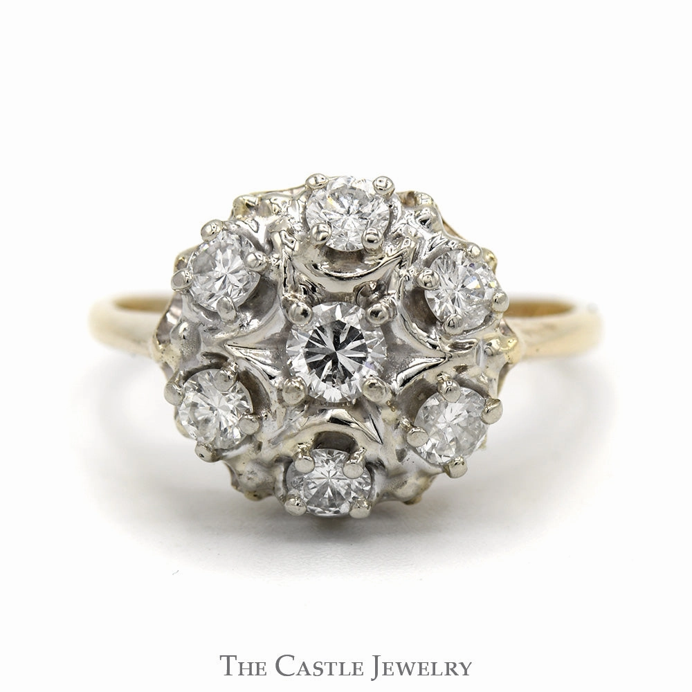 1cttw 7 Round Diamond Cluster Ring with Starburst Design in 14k Yellow Gold Delicate Insignia
