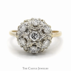 1cttw 7 Round Diamond Cluster Ring with Starburst Design in 14k Yellow Gold Delicate Insignia