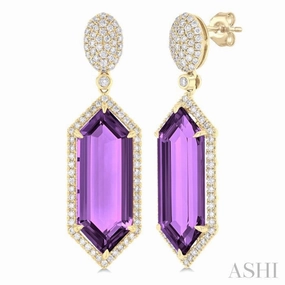 22x8 MM Hexagon Shape Amethyst and 7/8 Ctw Round Cut Diamond Halo Semi-Precious Earrings in 14K Yellow Gold high contrast