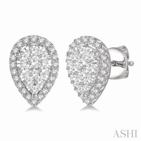 Glistening Accent Fashion Muse 1 Ctw Pear Shape Lovebright Diamond Stud Earrings in 14K White Gold