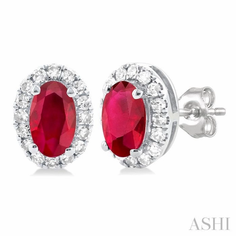 Luxe Shine Up Refined Style 5x3 MM Oval Shape Ruby and 1/8 Ctw Single Cut Diamond Halo Precious Stud Earrings in 14K White Gold