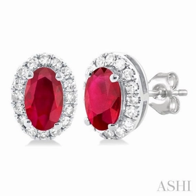 Luxe Shine Up Refined Style 5x3 MM Oval Shape Ruby and 1/8 Ctw Single Cut Diamond Halo Precious Stud Earrings in 14K White Gold