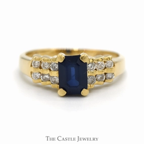 Innovative concept Emerald Cut Sapphire Ring with Two Rows of Round Diamond Accents in 14k Yellow Gold
