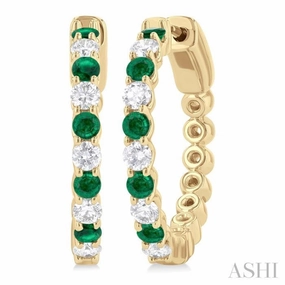 2.4 MM Round Cut Emerald and 5/8 ctw Round Cut Diamond Precious Hoop Earring in 14K Yellow Gold Dazzling Glow Stunning Accent