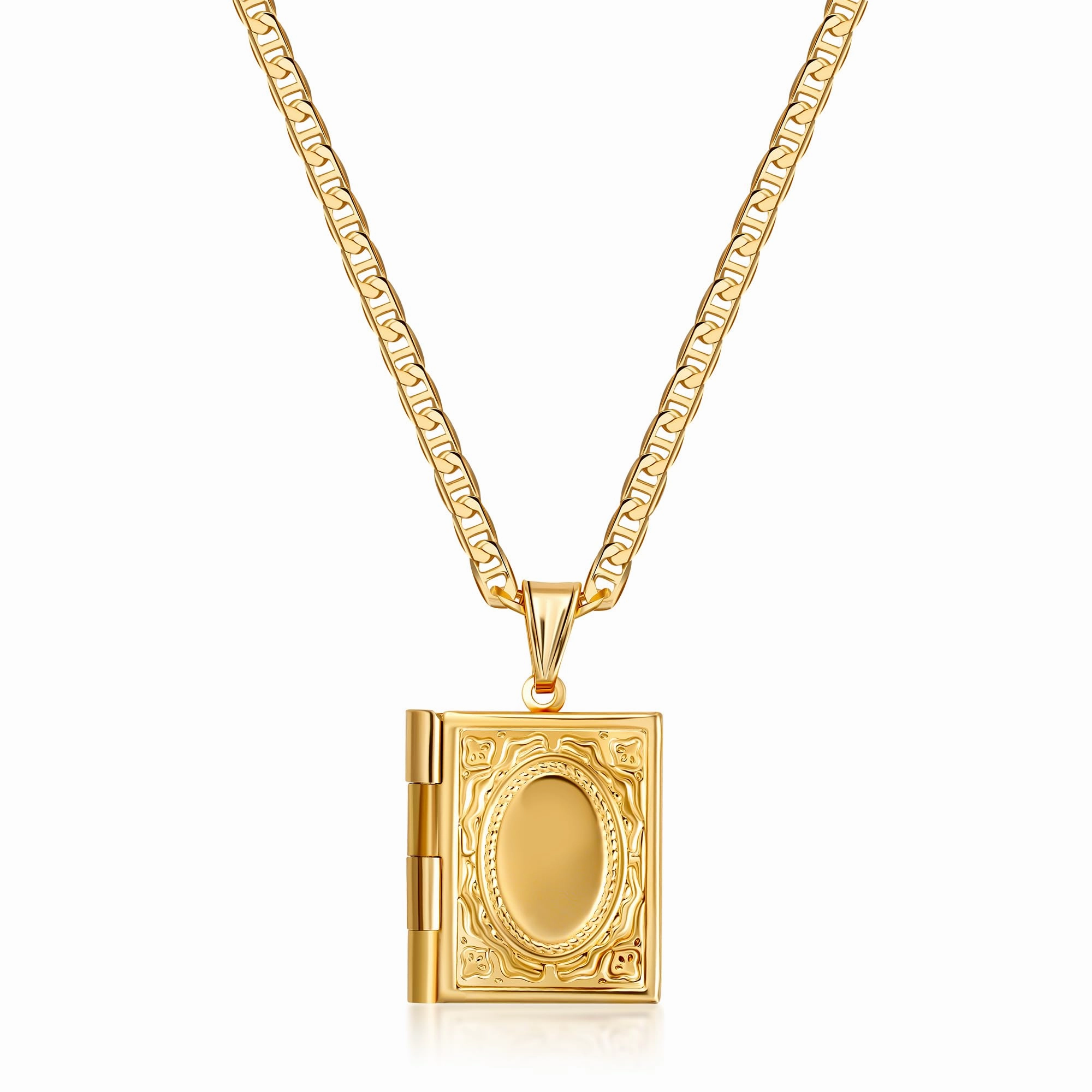 18K Gold Plated Photo Book Locket Necklace with Mariner Chain High-End Gift