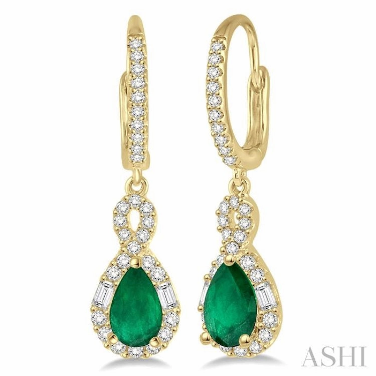 Polished Line Bold Statement 6x4 MM Pear Cut Emerald and 1/2 Ctw Round Cut Diamond Precious Earrings in 14K Yellow Gold