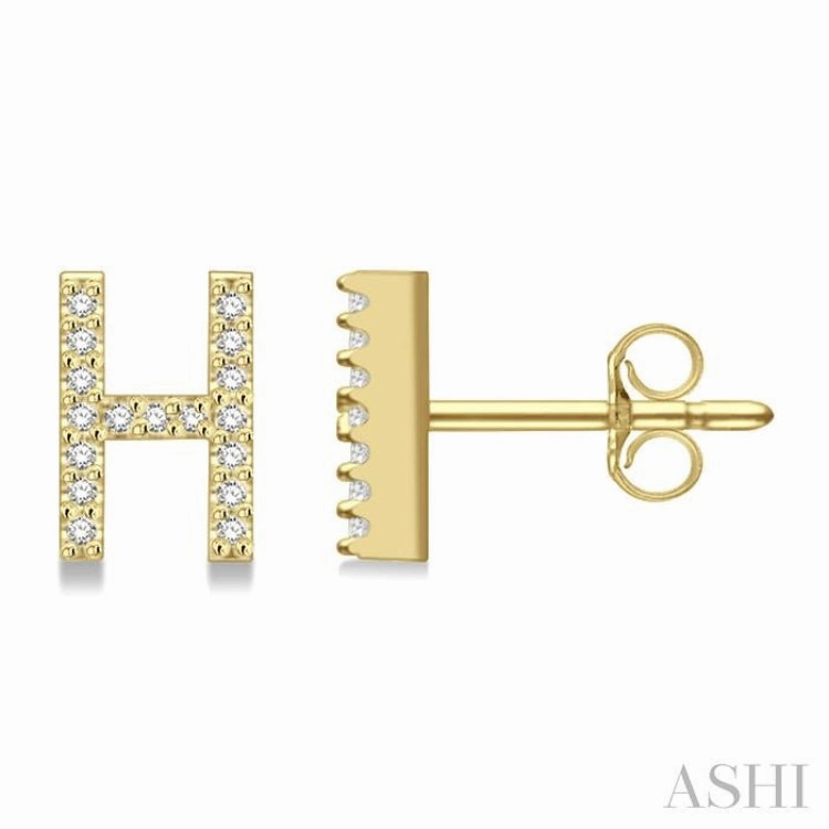 Polished Mood Formal Accent 1/10 Ctw Initial 'H' Round Cut Diamond Earrings in 10K Yellow Gold