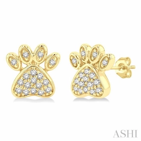 1/8 Ctw Petite Dog Paw Round Cut Diamond Fashion Stud Earring in 10K Yellow Gold Simple Detail