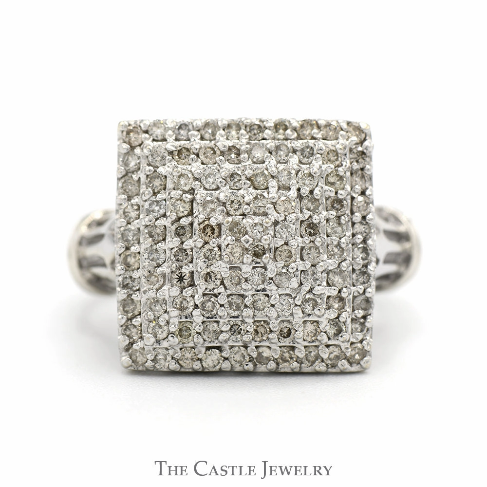 1cttw Square Shaped Diamond Cluster Ring with Bar Designed Sides in 14k White Gold Glamorous Design High-End Expression