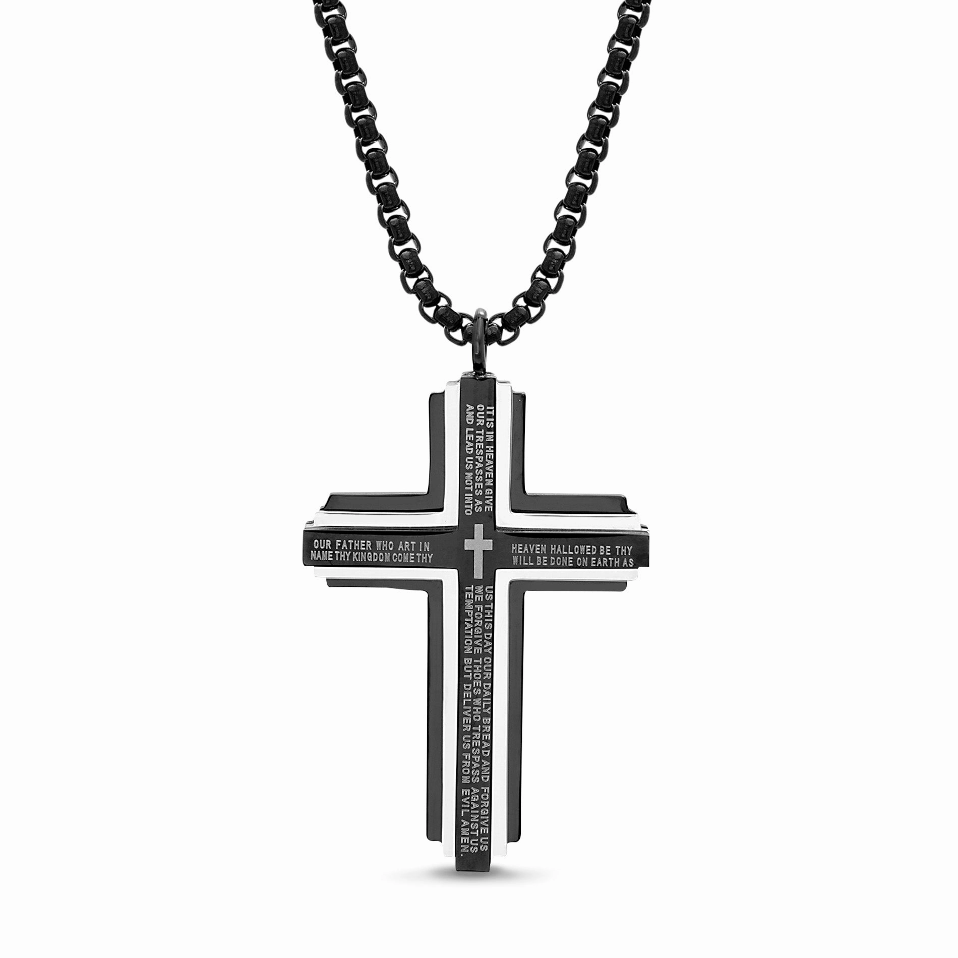 Stainless Steel Cross Pendant on 24 Inch Chain with Black Rhodium Plating Urban Minimal