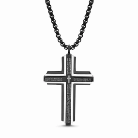 Stainless Steel Cross Pendant on 24 Inch Chain with Black Rhodium Plating Urban Minimal