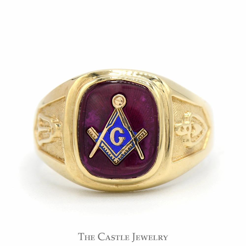 Square & Compass Masonic Ring on Red Stone with Side Symbols in 10k Yellow Gold Weekend Glam Petite Design