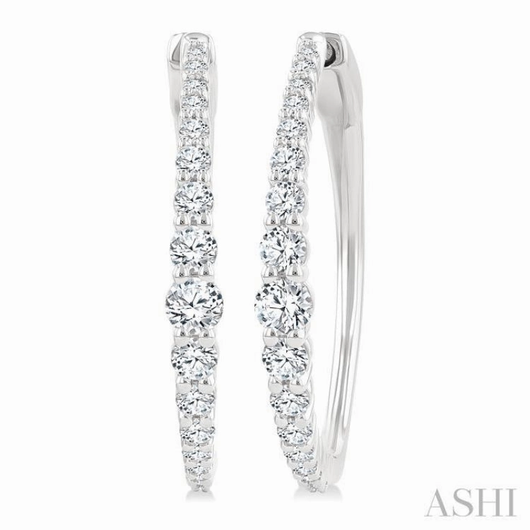 Artisan Finish 1 Ctw Round Cut Diamond Graduated Riviera Hoop Earrings in 14K White Gold