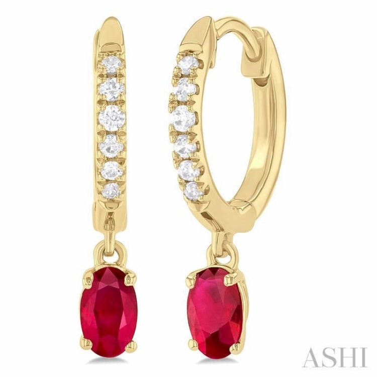 5x3 MM Oval Cut Ruby and 1/8 Ctw Petite Round Cut Diamond Precious Fashion Huggies in 10K Yellow Gold Soft Mood