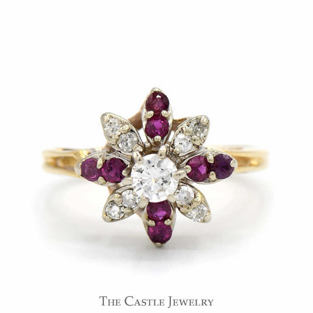 Attractive Appearance 1/2cttw Round Diamond & Ruby Flower Cluster Ring in 14k Yellow Gold