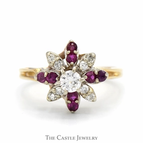 Attractive Appearance 1/2cttw Round Diamond & Ruby Flower Cluster Ring in 14k Yellow Gold