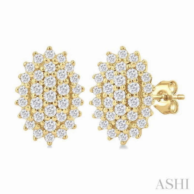 Bold Jewelry Shine Formal Night 1/5 Ctw Petite Oval Shape Round Cut Diamond Cluster Fashion Stud Earring in 10K Yellow Gold