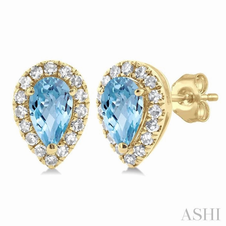 Gleaming Accent 5x3 MM Pear Shape Aquamarine and 1/8 Ctw Single Cut Diamond Halo Semi-Precious Stud Earrings in 10K Yellow Gold