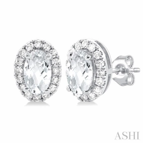 Custom Shine Design 5x3 MM Oval Shape White Topaz and 1/8 Ctw Single Cut Diamond Halo Semi-Precious Stud Earrings in 14K White Gold