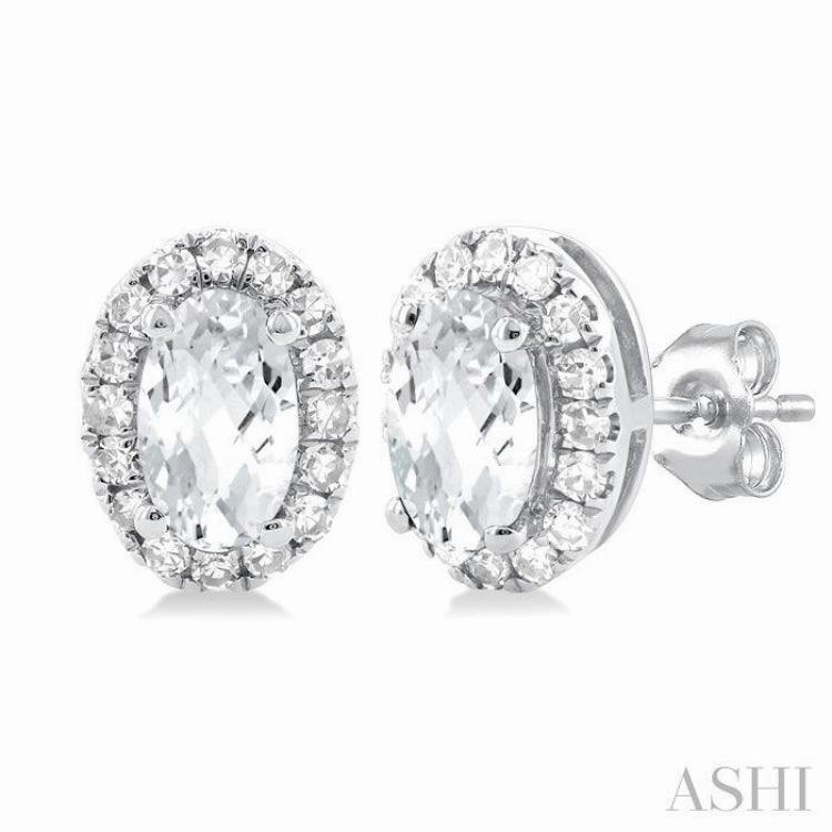 Custom Shine Design 5x3 MM Oval Shape White Topaz and 1/8 Ctw Single Cut Diamond Halo Semi-Precious Stud Earrings in 14K White Gold