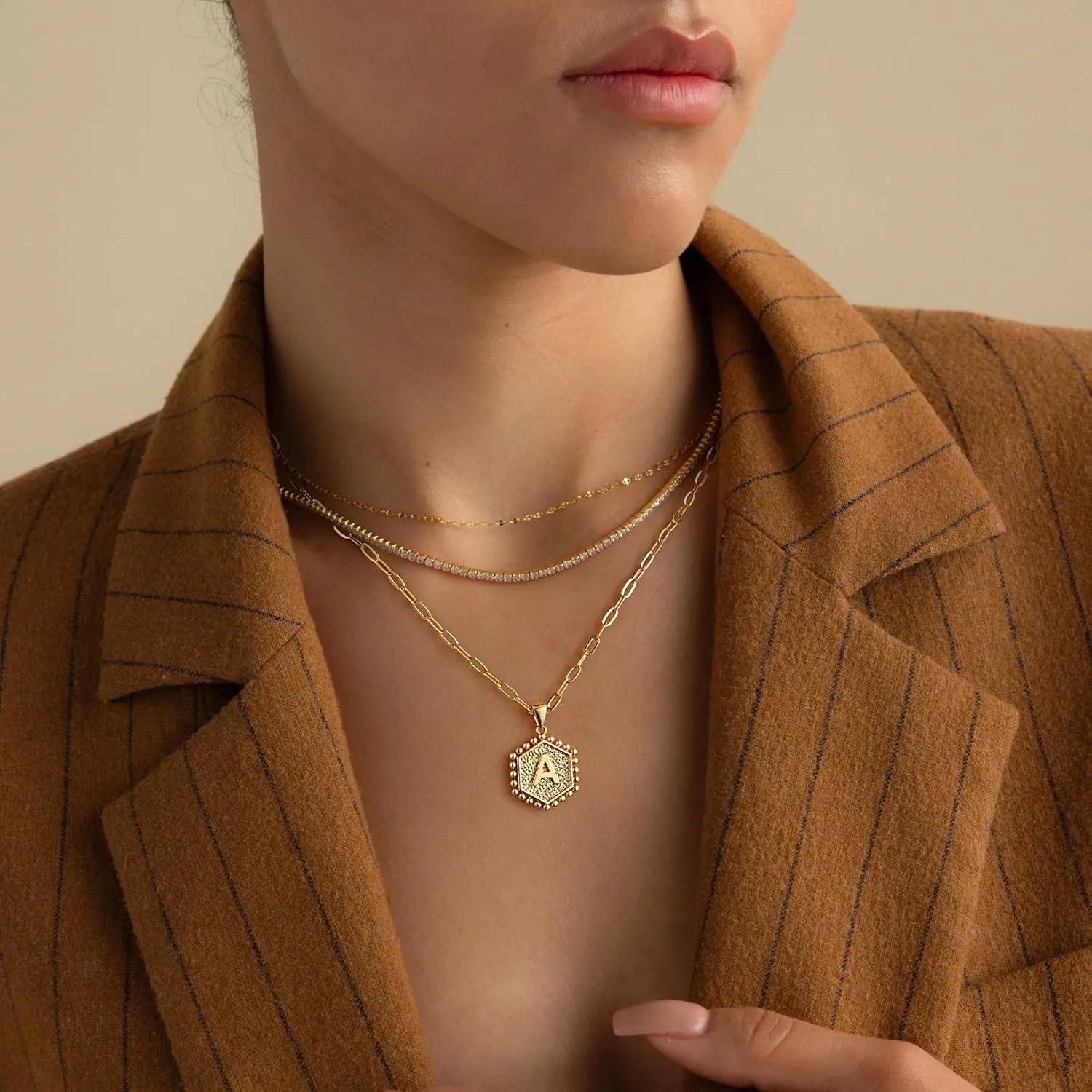 M MOOHAM Dainty Gold Necklace for Women - 14K Solid Gold Over Layering Necklaces for Women Cute Hexagon Letter Initial Necklaces for Women Gold Layered Necklaces for Women Jewelry Gifts