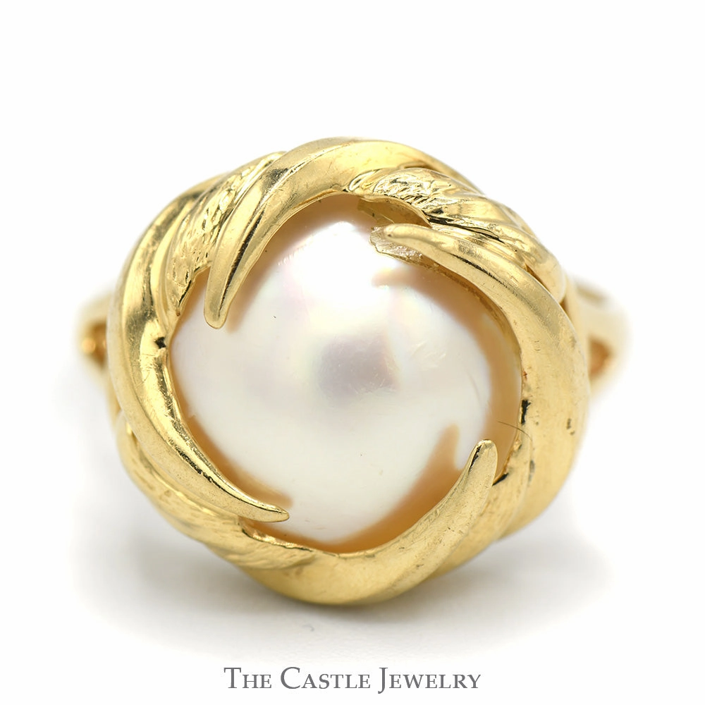 Mabe Pearl Ring with Wave Designed 10k Yellow Gold Mounting Timeless Finish Classic Contour