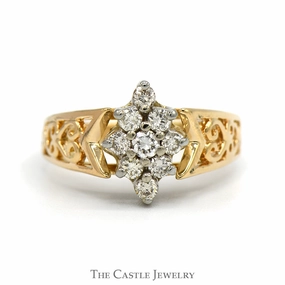 Custom Token 1/2cttw Marquise Shaped 9 Diamond Cluster Ring with Open Filigree Sides in 10k Yellow Gold