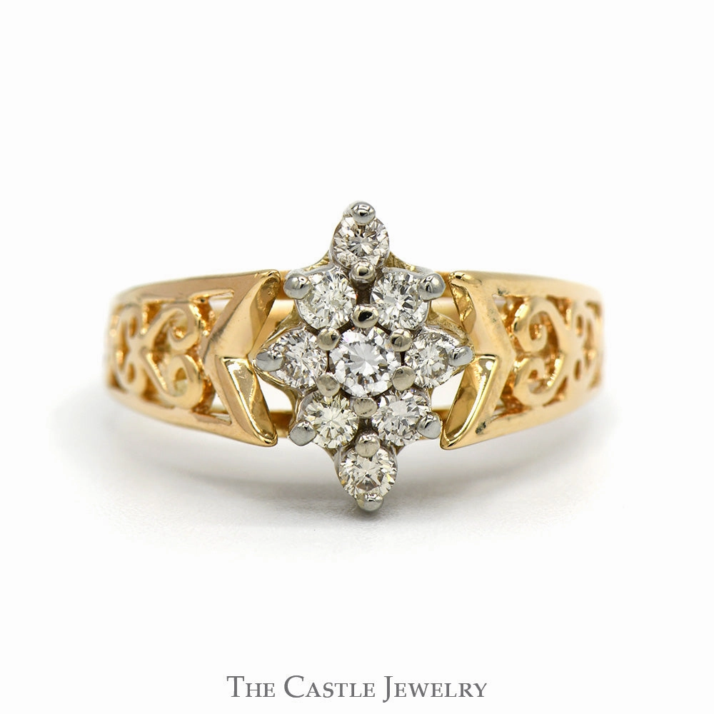 Custom Token 1/2cttw Marquise Shaped 9 Diamond Cluster Ring with Open Filigree Sides in 10k Yellow Gold