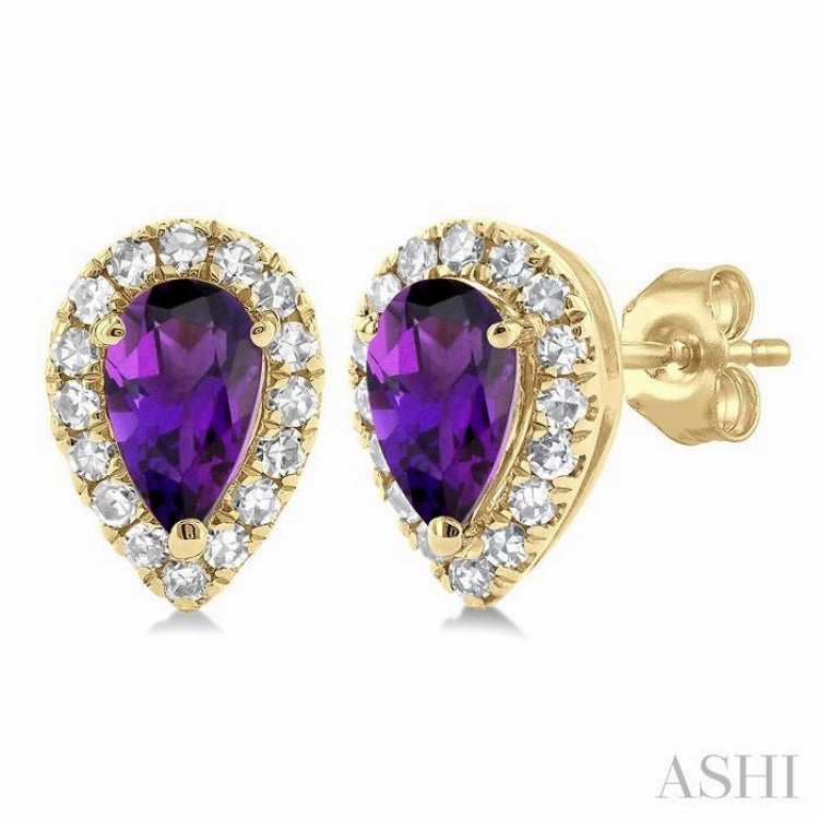 5x3 MM Pear Shape Amethyst and 1/8 Ctw Single Cut Diamond Halo Semi-Precious Stud Earrings in 10K Yellow Gold Flat Frame Layered Elegance
